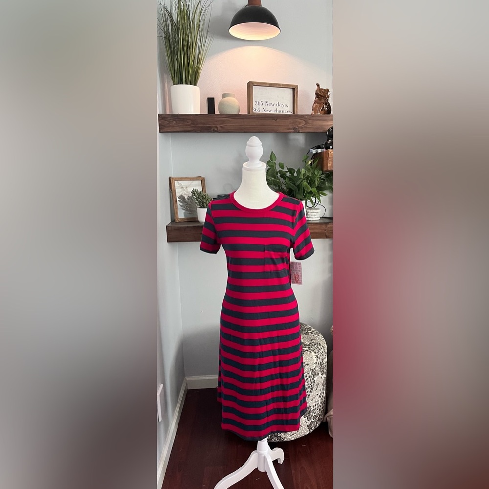Lularoe Carley Striped Red and Dark Green Dress